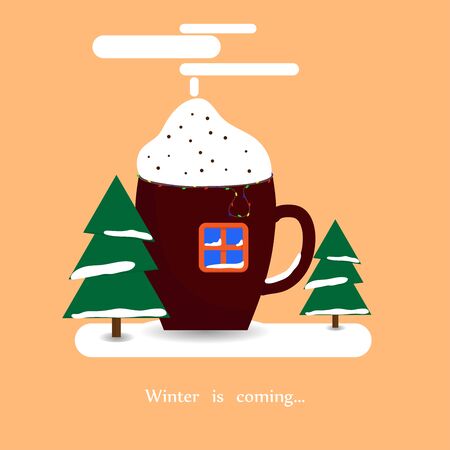 Winter is coming.Abstract house in the shape of a Cup, window, Christmas trees, garland.Beige background.Vector illustrationのイラスト素材