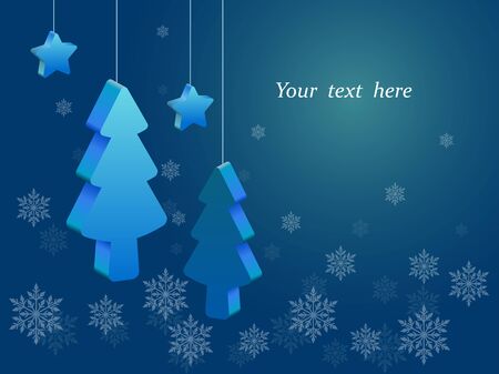 three-dimensional Christmas trees and stars hanging on a thread blue background with snowflakesのイラスト素材