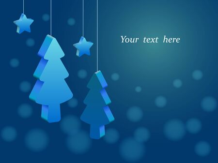 volumetric Christmas trees and stars hanging on a thread blue background bokehのイラスト素材