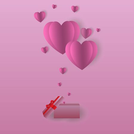 Valentine hearts with gift card box. Pink flying hearts on pink background. Vector illustrationのイラスト素材