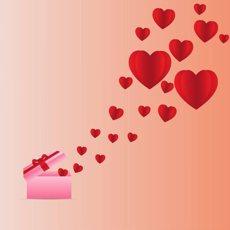 Valentine hearts with gift card box. Flying hearts on orange background. Vector love heart shaped symbols for happy women, mother, Valentine's Day, greeting card designのイラスト素材