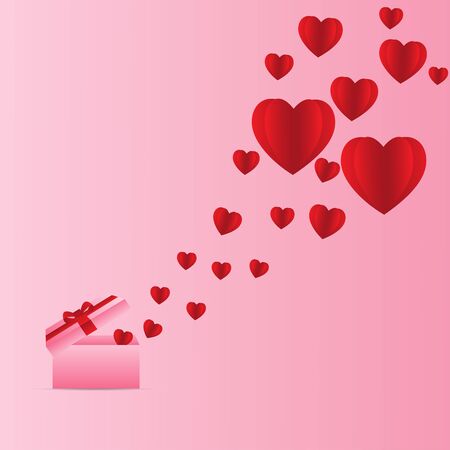 Valentine hearts with gift card box. Flying hearts on pink background. Vector love heart shaped symbols for happy women, mother, Valentine's Day, greeting card designのイラスト素材