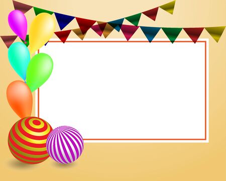festive background of children's holiday with flags, balloons and a sheet of paper for text on a soft peach backgroundのイラスト素材