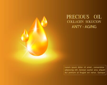 Vector illustration: Golden drop of oil, Golden serum falling on a Golden background with bright rays. Flyer template, brochure, banner for promotion of cosmetics, Spaのイラスト素材