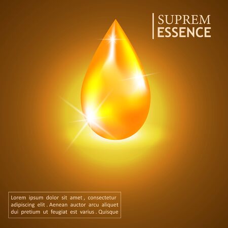 Vector illustration: Golden drop of oil, Golden serum falling on a Golden background with bright rays. Flyer template, brochure, banner for promotion of cosmetics, Spaのイラスト素材
