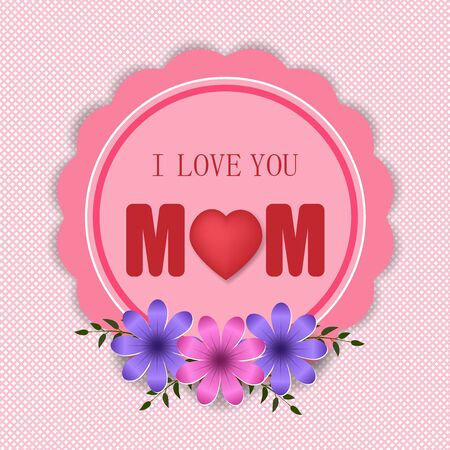 Happy mother's day layout design with flowers, lettering, frames, linear background. I love you mom. Vector illustration. Cute female design for flyer, postcard, invitation, banner, symbol, greetingのイラスト素材