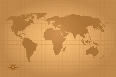 Illustration of a large detail of the world map in vintage style on a background of old parchment.のイラスト素材