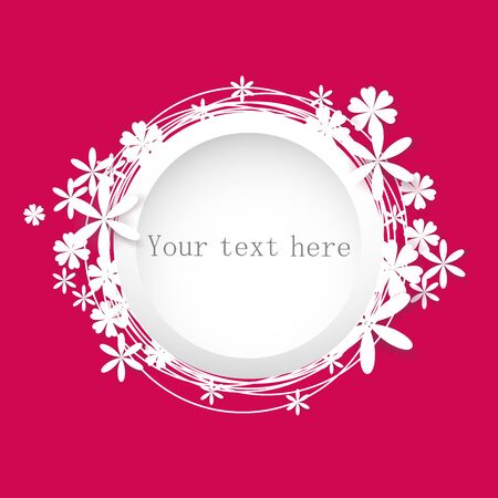 Floral round frame with space for text on a pink background. White flowers cut from paper.のイラスト素材