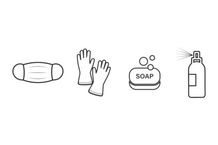 Badges of personal protective equipment - medical mask, latex gloves, soap, antiseptic. Coronavirus, covid 19 prophylactic items. Lines and polygonal symbols. Vector illustrationのイラスト素材