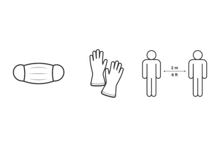 Prevention line icons set isolated on white. contour symbols Coronavirus Covid 19 pandemic banner. High-quality design elements mask, gloves, distanceのイラスト素材