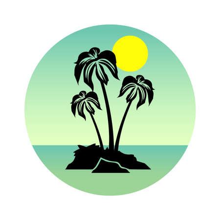 Tropical landscape with palm trees silhouettes on a blue background with a circle. Icons,  or labels.のイラスト素材