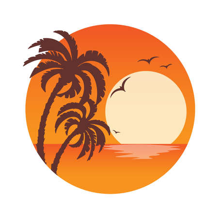 Tropical landscape with palm trees silhouettes on an orange background with a circle .Sunset. Icons,  or labels.のイラスト素材