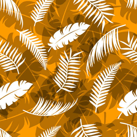 Tropical leaf pattern. Seamless texture with leaves of palm trees. Banner for the travel and tourism industry, summer season. Yellow floral design element, print for fabrics.のイラスト素材