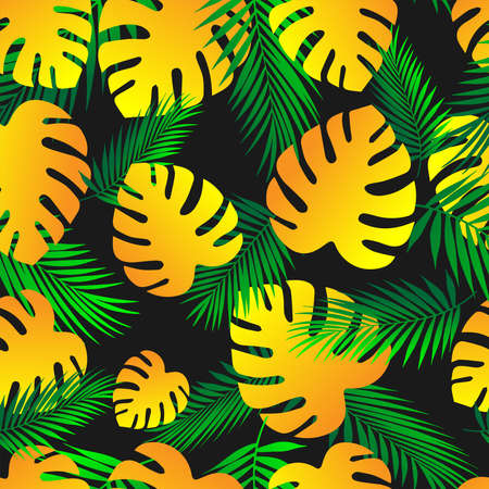 Palm leaves.Tropical pattern of green and yellow leaves on a black background. Seamless pattern Vector backgroundのイラスト素材