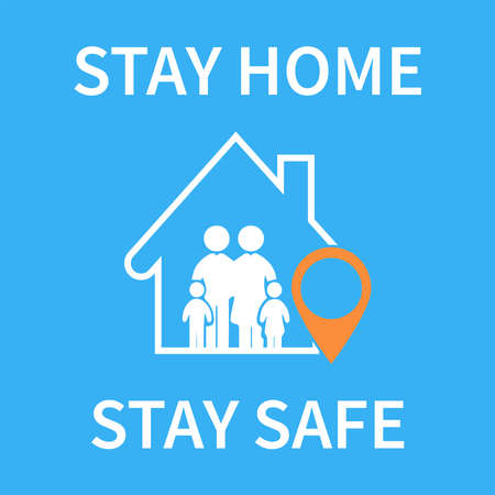 Stay at home family under the roof of the house with a sign. The the campaign for the protection from viruses or coronaviruses. Self-isolation is used as a sign or symbol. Vector illustrationのイラスト素材