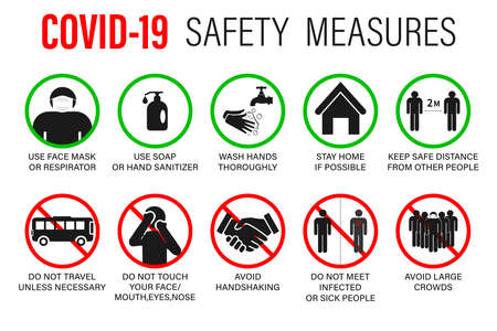 Virus crown set COVID -19 precautions and precautions warning signs - how to protect yourself and others - What to do signs-infographic poster suitable for printingのイラスト素材
