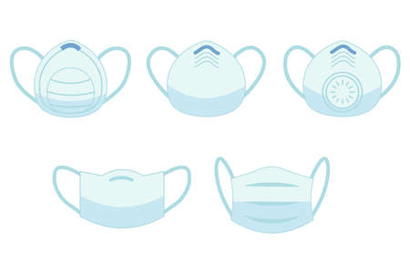 Set of respiratory protective medical respiratory ffp1, cloth, surgical masks, dust protection respirator, air pollution, diseases, virus prevention, flu protection, flat vector illustrationsのイラスト素材