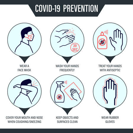 Vector icons of dashed lines with practical tips for preventing infection with the covid19 corona virusのイラスト素材