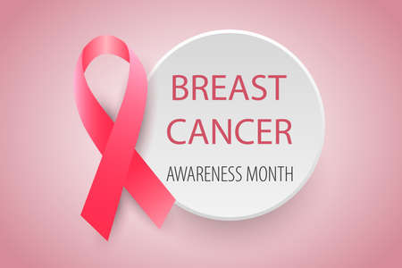 Design of the background concept of the breast cancer awareness month poster. Realistic pink bow ribbon with round icon vector illustration templateのイラスト素材