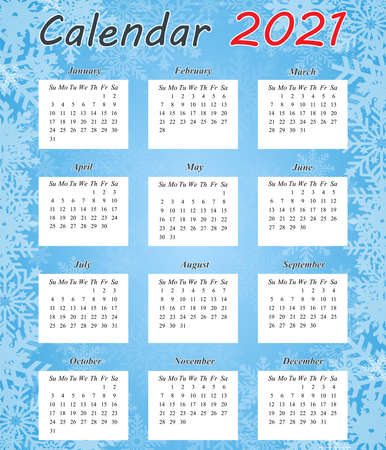 Design of the calendar for 2021. Monthly calendar for 2021. The set is designed for 12 months. The week starts on Sunday. Abstract art of vector illustrations.のイラスト素材