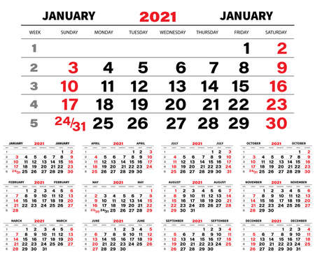 Calendar 2021. The week starts on Sunday. Design of a wall calendar template.Set 12 monthsのイラスト素材