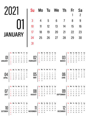 Calendar for 2021, isolated on a white background. From Sunday to Monday, the business template. Vector illustrationのイラスト素材