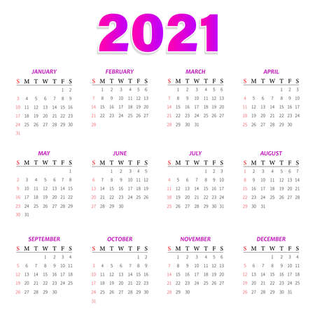 Calendar 2021 - vector illustrations. The week starts on Sundayのイラスト素材