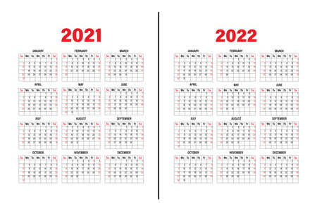 Calendar template 2021 and 2022. The design of the calendar in black and white, weekend in red tones. Vectorのイラスト素材