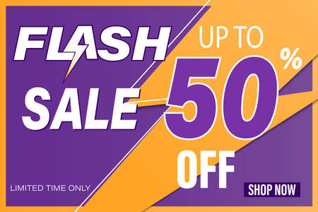 Design of the flash sale banner template.A 50% discount.Limited time offer.The lightning flash with Text yellow and purple background. Vector illustrations.のイラスト素材