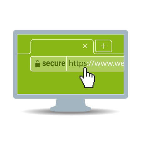 Surfing the Internet using SSL encryption. A browser window with a mouse pointer and an https address. Vector illustration.のイラスト素材