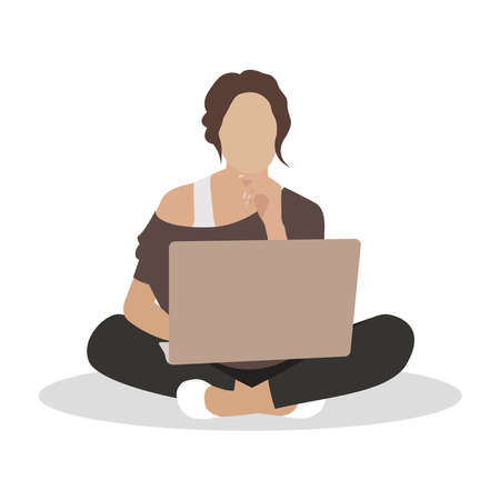 The girl is sitting and working on a laptop. Home office. Work at home or freelance. A young woman studies at home. Lifestyle of a freelancer. Home schooling. Vector illustration in flat style.のイラスト素材