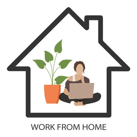Work from home during the COVID-19 virus outbreak. Quarantine measures for the prevention of coronavirus. Prevent the spread of infection. A person working on a laptop. Vector illustration.のイラスト素材