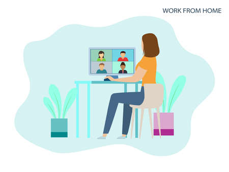Working from home via video conference, meeting with the team in social distancing the concept of the COVID-19 pandemic, a woman stays at home, works at home, chair, conference, meeting with the teamのイラスト素材