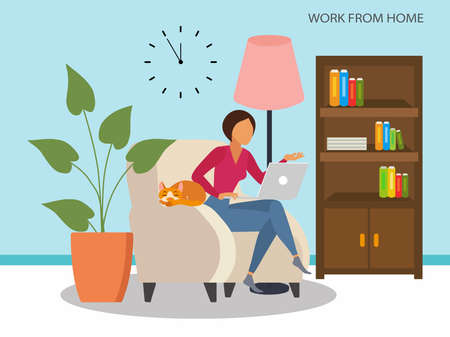 A woman working from home. stay at home, the woman is sitting in a chair and working on a laptop. Cozy interior of the room. Concept of freelance and remote work. Modern vector illustrations.のイラスト素材