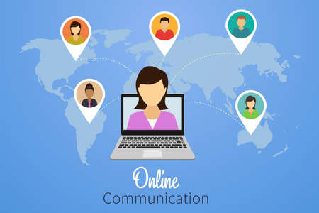 Online communication.People around the world connect together, study or meet online via teleconference, remote work on a laptop computer concept, flat vector illustrationのイラスト素材