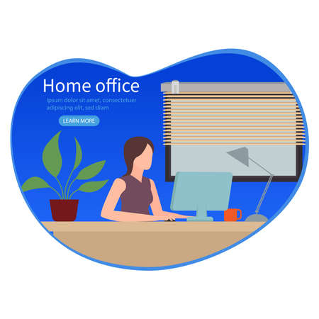 A woman working in a home office. The character is sitting at a Desk in a room, looking at a computer screen and talking to colleagues online. The concept of home office. Flat vector illustrations.のイラスト素材