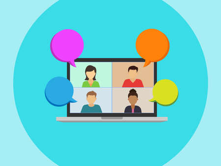 Working from home during the Covid-19 pandemic. Colleagues and friends communicate via video link. Social isolation due to the coronavirus.Online communication.Vector illustrationのイラスト素材