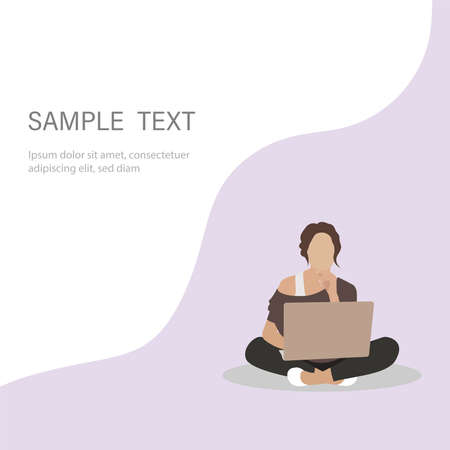 The girl is sitting and working on a laptop. Home office. Work at home or freelance. A young woman studies at home. Lifestyle of a freelancer. Home schooling.Space for text. Vector illustrationのイラスト素材