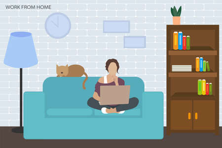The girl works sitting at home. Remote work, freelance. Self-isolation during the coronavirus epidemic. Interior of the room. Flat vector illustrations.のイラスト素材