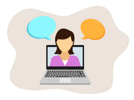 Training or meeting online via teleconference, remote video conferencing on a laptop computer, working from home. Stay at home. A woman speaks from a laptop monitorのイラスト素材