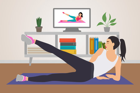 Online learning.A girl plays sports online at home on TV. Exercise during self-isolation in quarantine. Vector illustration.のイラスト素材