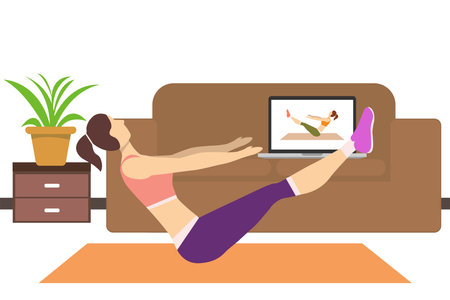 Stay at home concept. The girl watches online classes on a laptop, does fitness. Live broadcast, online education. A woman does exercises in a cozy modern interior. Vector illustrationsのイラスト素材