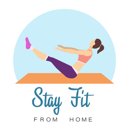 Stay in shape. Stay home and healthy, Home fitness, train at home, covind-19 Coronavirus, motivational phrase for quarantine. Vector illustration.のイラスト素材