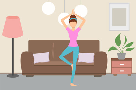 The girl does yoga at home. The concept of a healthy lifestyle and home yoga in the interior.Vector illustrationのイラスト素材