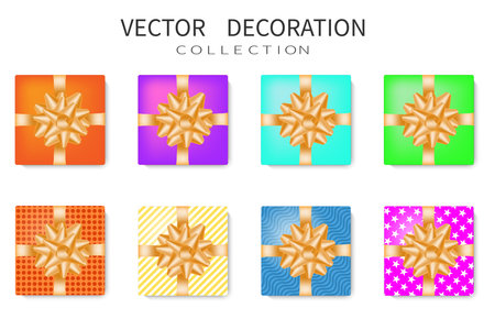 Set of 8 colorful gift boxes, decorative gifts. The view from the top. Isolated on a white background. Realistic 3d style. Vector illustration.のイラスト素材