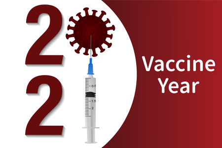 Year of the vaccine, 2021 banner template with the 2021 symbol from a virus cell and a syringe for the covid-19 vaccine. Concept of the COVID-19 coronavirus outbreak and pandemic health risk for 2021.のイラスト素材