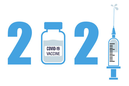 Year of the vaccine, 2021 the covid-19 pandemic vaccine Concept, available in 2021. Vector illustration of a syringe, needle, vaccine bottle and text.のイラスト素材