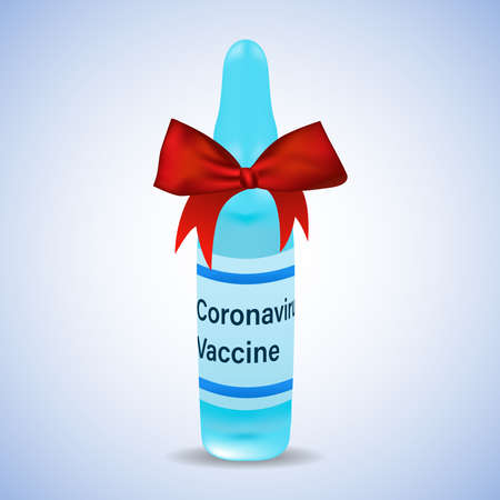 Vaccine against the coronavirus NCOV-19.A medical ampoule with a vaccine and a red bow. treatment of the ncov-19 coronavirus. vector illustrationsのイラスト素材