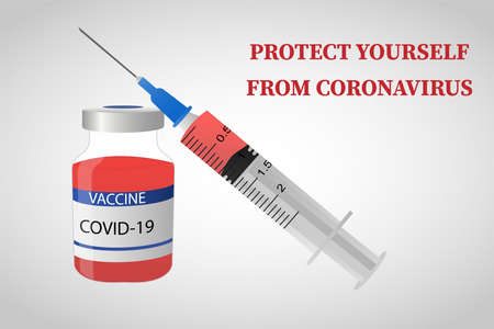 Protect yourself from the coronavirus.A vaccine against coronavirus Covid-19. The syringe and the icons of the vial of vaccine. Treatment of the ncov-19 coronavirus. vector illustrationsのイラスト素材
