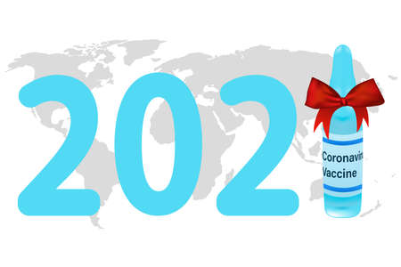 The year of the vaccine, 2021. The covid-19 pandemic vaccine concept will be available in 2021. Vector illustration of a medical ampoule with a vaccine and text on the map of the worldのイラスト素材